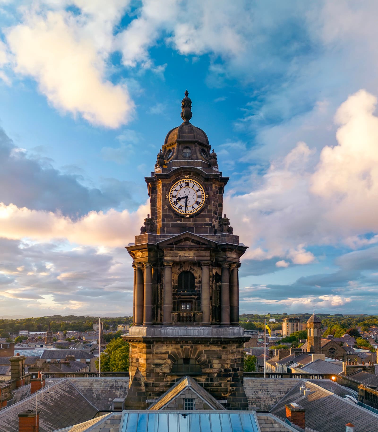 Lancaster town hall clock tower above the city rooftops